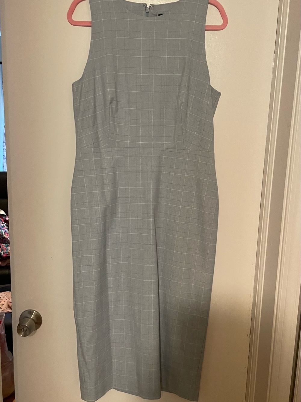 Classic Sleeveless Light Blue Windowpane Sheath Dress Ann Taylor